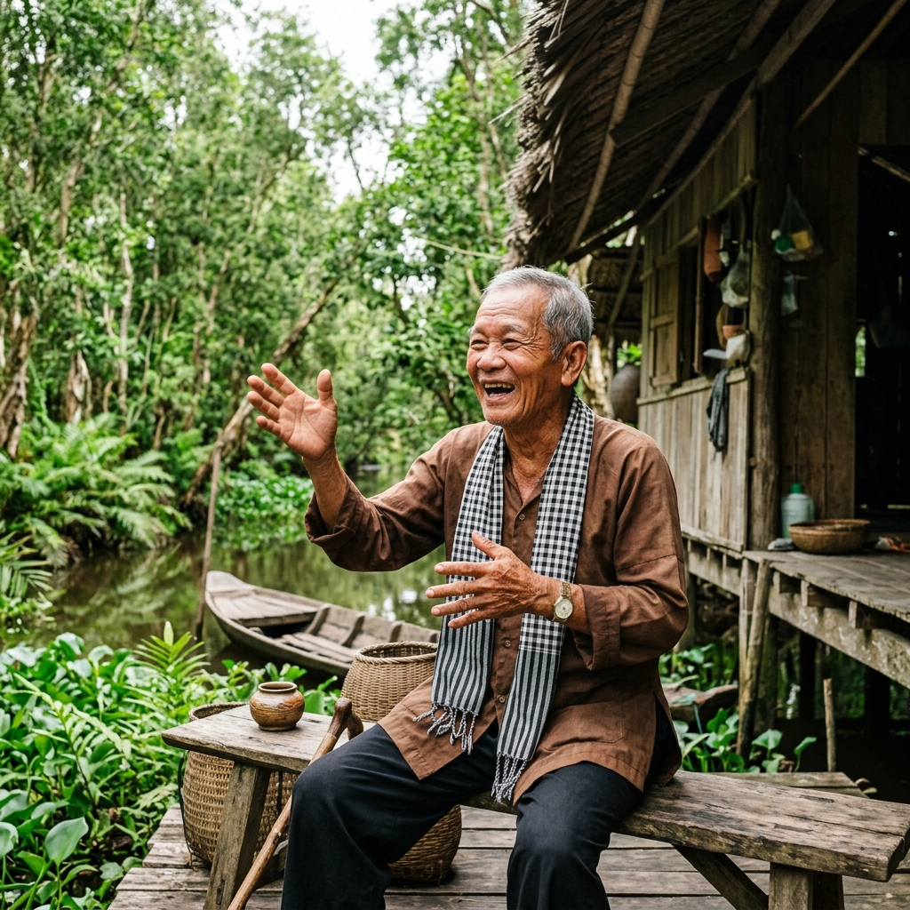 Lão nông Bác Ba Phi vui vẻ kể chuyện dân gian bên bờ kênh rừng U Minh