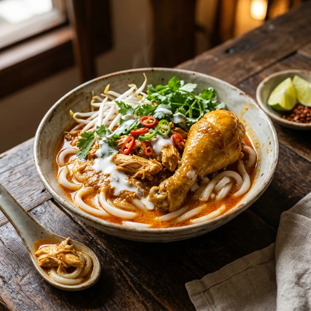 Bánh tằm cay đẫm nước sốt cà ri đỏ rực
