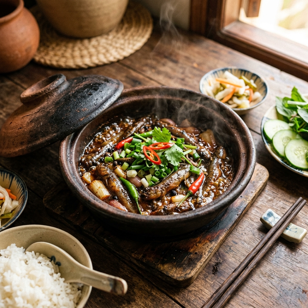 Cá kèo kho tộ nóng hổi trong nồi đất nung, nước sốt sánh đậm màu caramel, rau thơm tươi