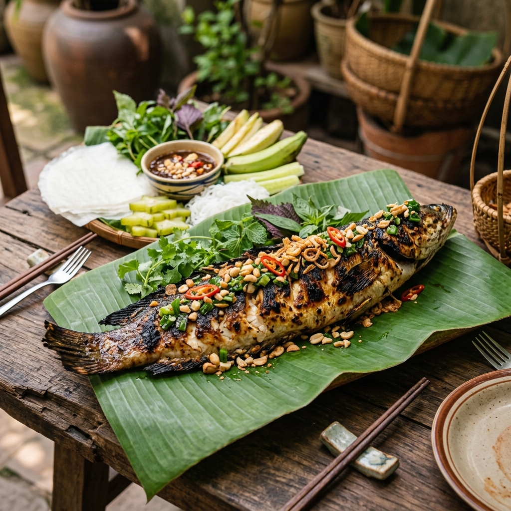 Cá lóc nướng trui rơm nóng hổi chín vàng trên lá sen xanh, mỡ hành đậu phộng thơm ngậy kế bên bát mắm me