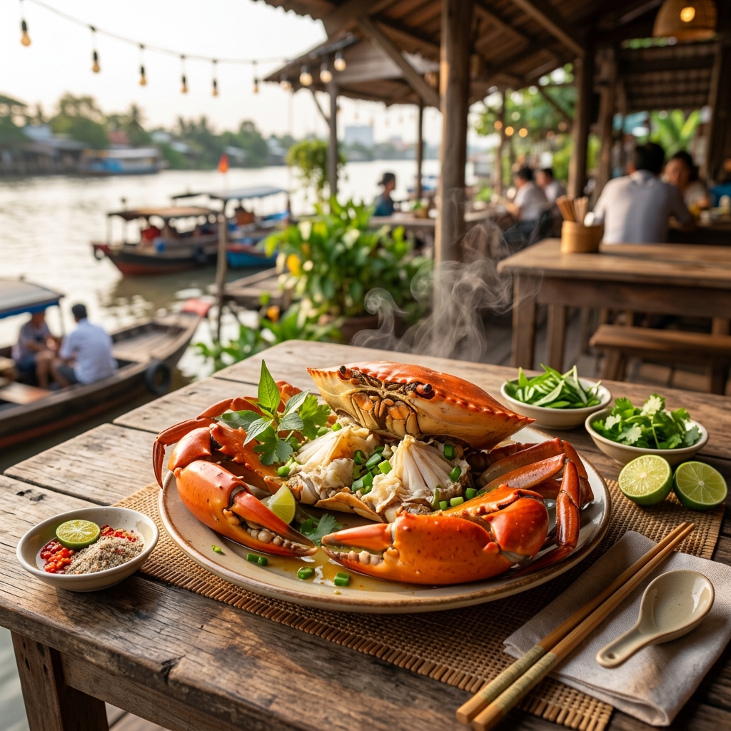 Dĩa cua Cà Mau hấp đỏ tươi, bốc hơi thơm lừng bên bờ sông
