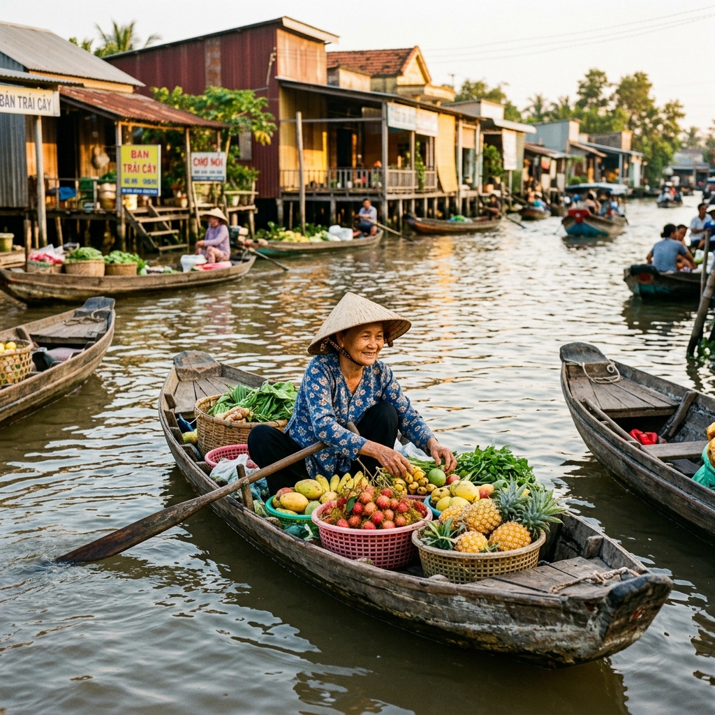 Phụ nữ Cà Mau trên thuyền chợ nổi buổi sáng