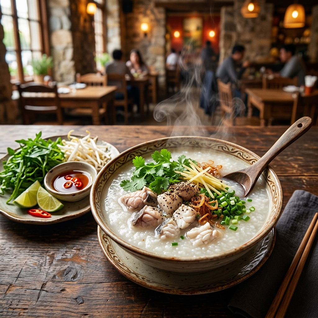 Tô cháo cá lóc nóng hổi toả khói nghi ngút, hành ngò xanh mướt, tiêu sọ rắc đều ăn kèm đĩa rau đắng đất thanh khiết