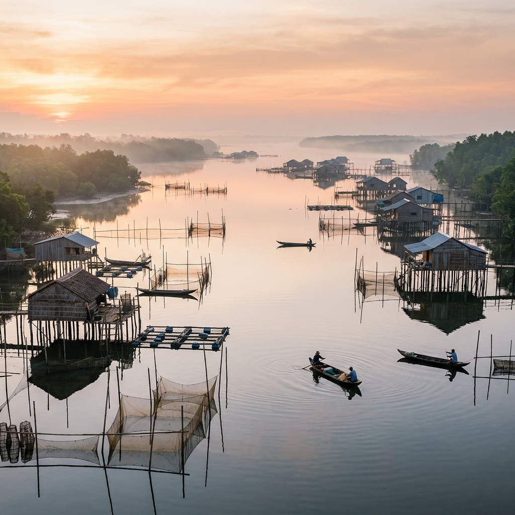 Bình minh yên ả trên đầm nước Thị Tường với những căn chòi lá đặc trưng