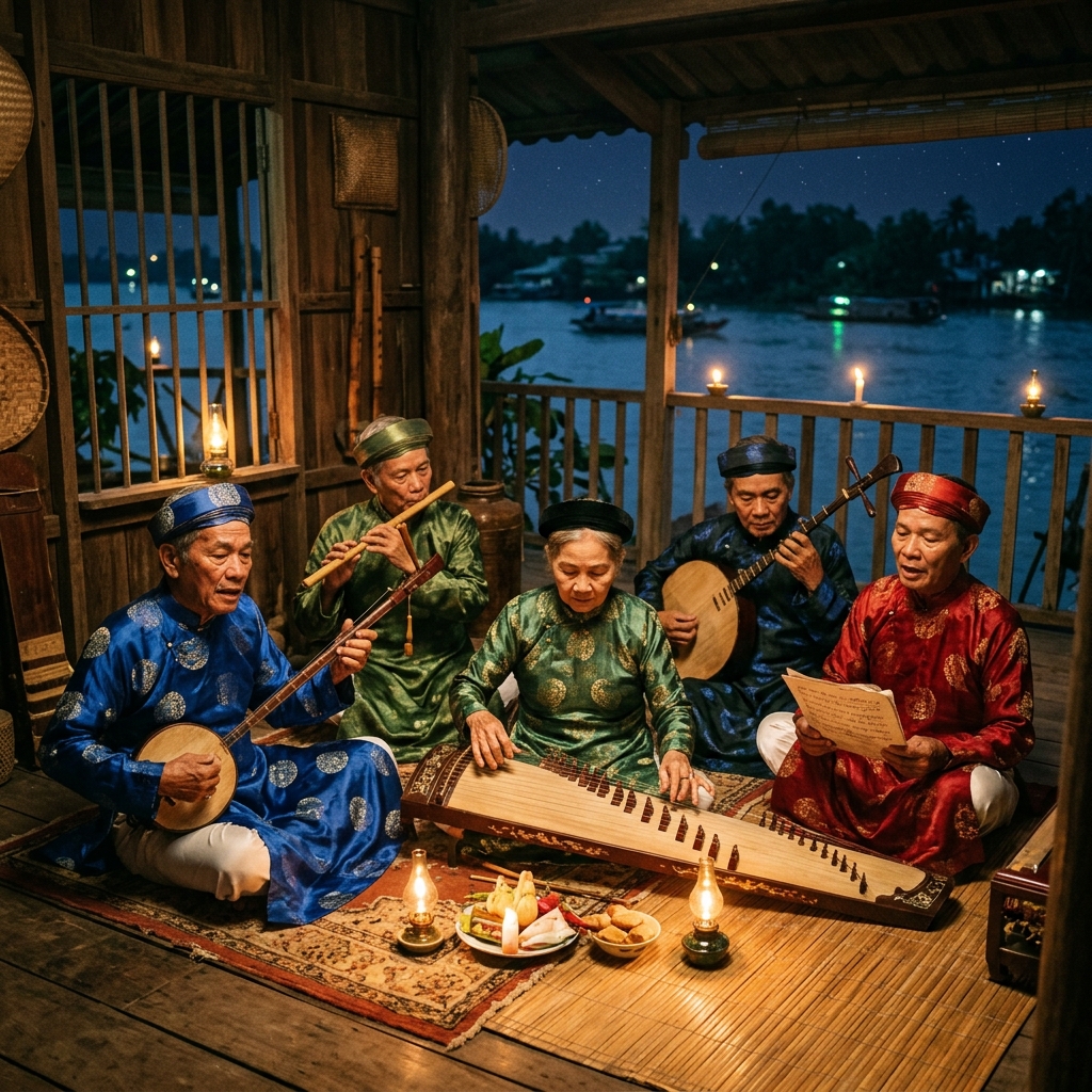 Nghệ nhân đờn ca tài tử biểu diễn trong đêm bên sông Cà Mau