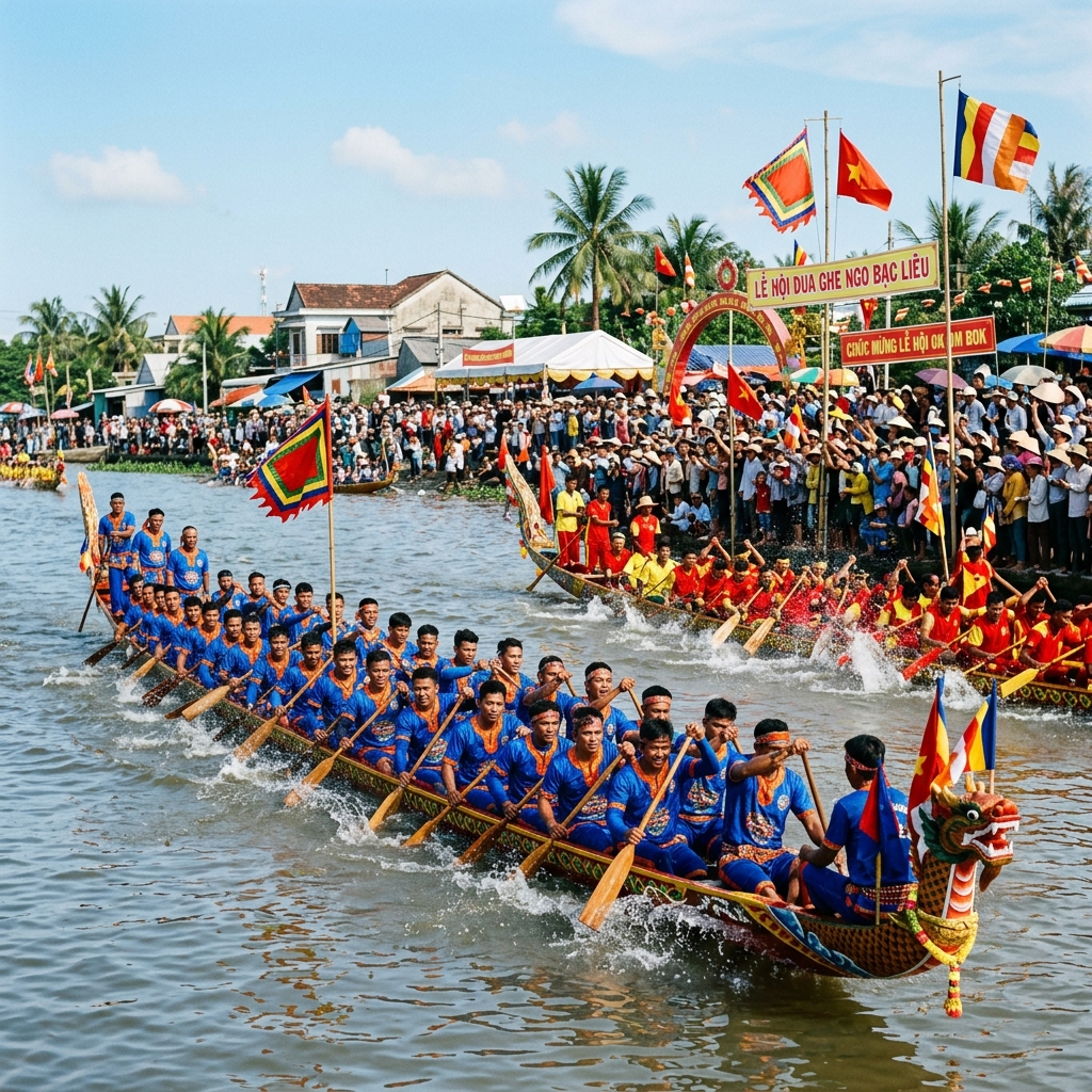 Lễ hội đua ghe Ngo rộn rã cờ hoa và đông đảo người dân reo hò trên sông Bạc Liêu