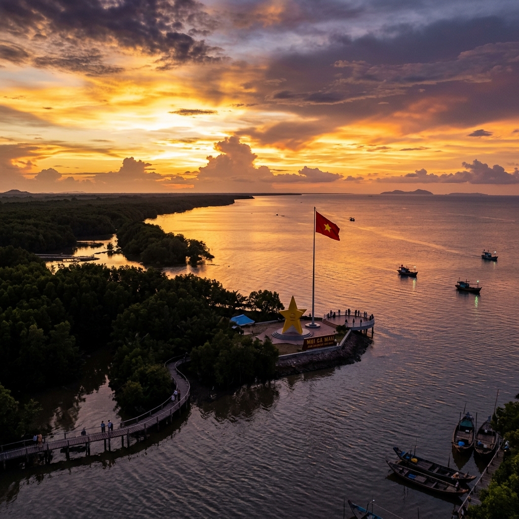 Cảnh hoàng hôn tại Mũi Cà Mau — cờ Tổ Quốc tung bay, rừng mặn bao quanh