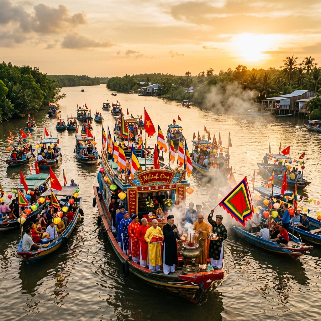 Lễ hội Nghinh Ông — hàng trăm thuyền trang hoàng cờ hoa trên sông