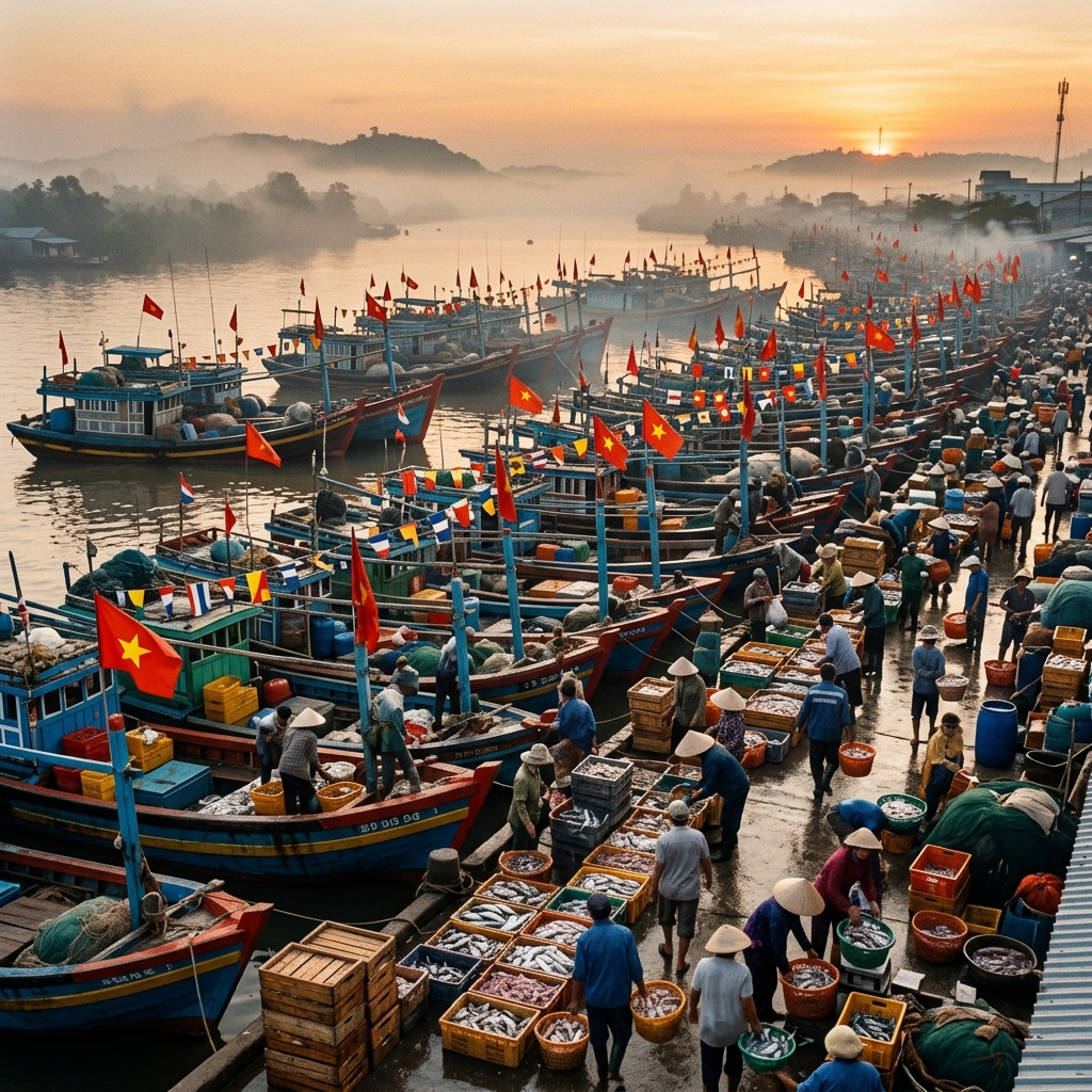 Hàng trăm tàu cá neo đậu tại cảng Sông Đốc lúc bình minh, ngư dân bốc dỡ hải sản